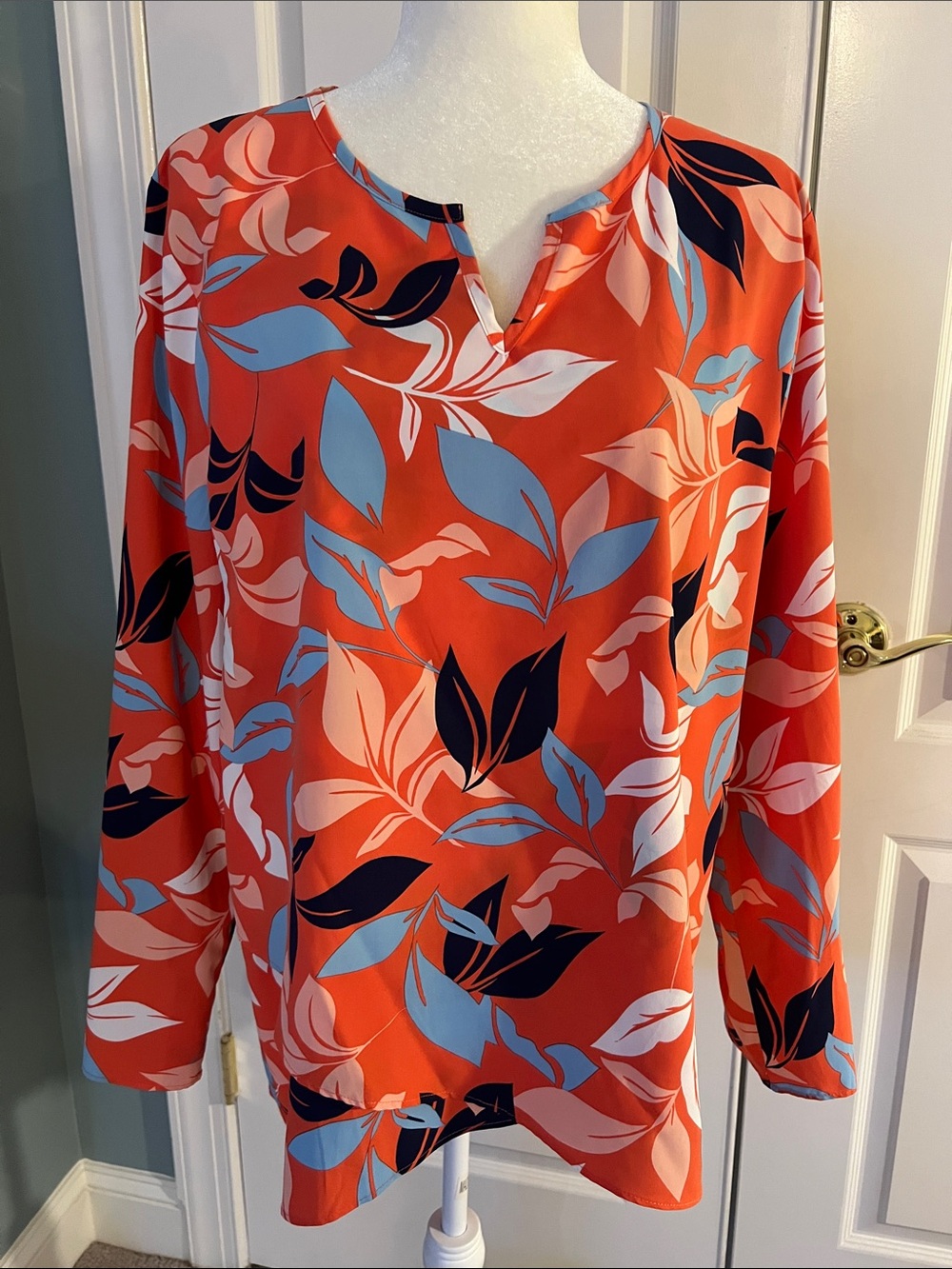 Coolibar Orange Floral Long-Sleeve V-Notch Blouse, SPF 50, NWOT
